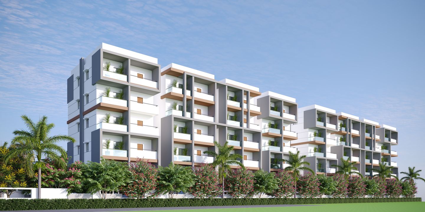 Front elevation of a Thimu Avenues block, with balconies and landscaped planting
